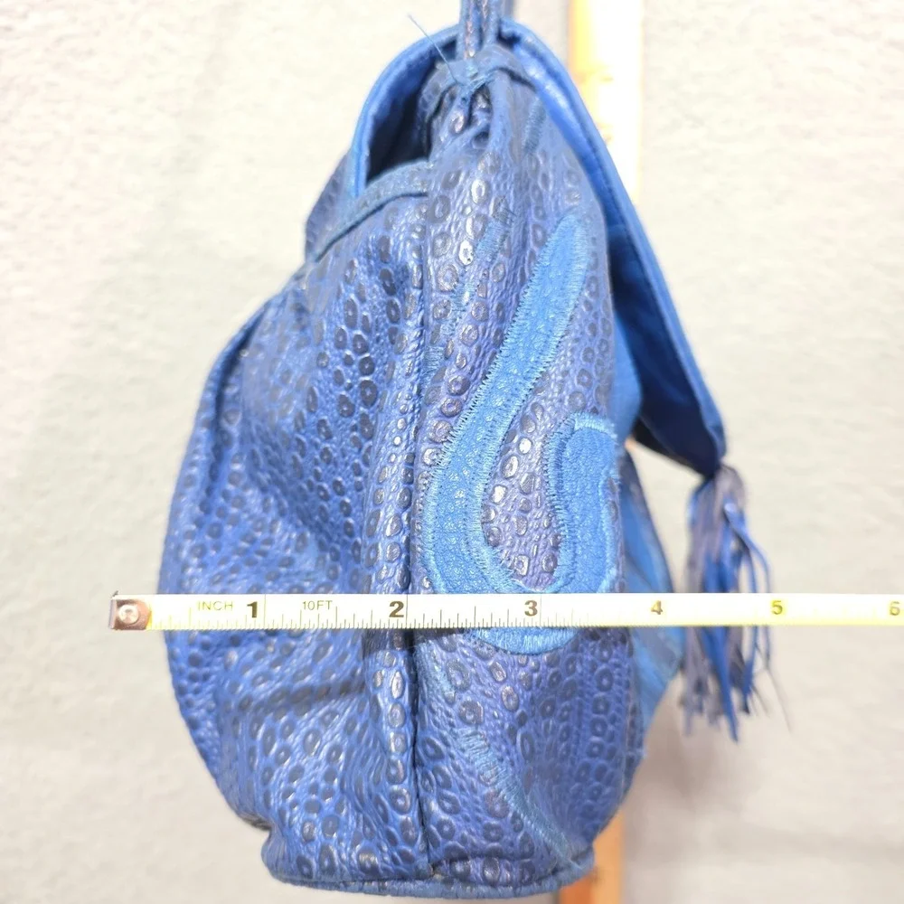Vintage Nas Bag Blue Patchwork Leather Shoulder Bag 80's Boho Fringe Cloth Lined - Picture 7 of 7